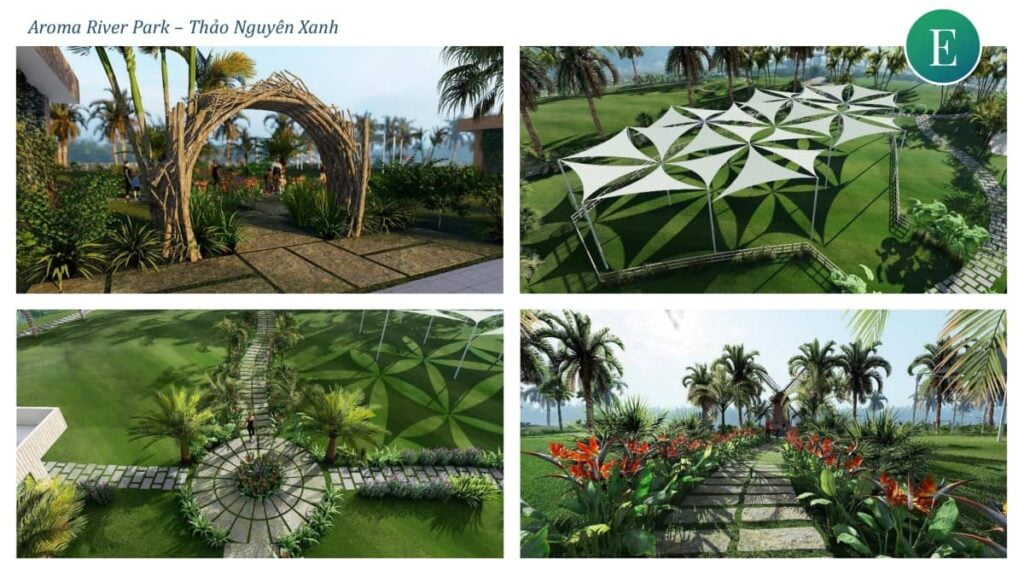 Phối cảnh thảo nguyên xanh công viên Aroma River Park phân khu Fenice dự án King Bay