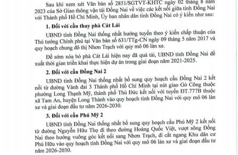 văn bản số 3468/UBND-DA của UBND TPHCM gửi UBND tỉnh Đồng Nai V/v phương án kết nối hai địa phương
